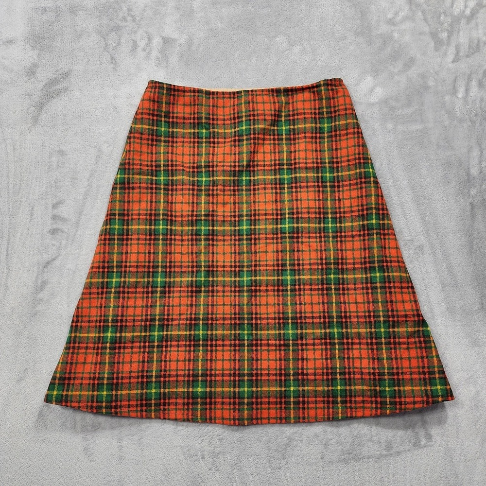 Vintage Skirt Womens L Orange Green Plaid A-Line Pull On Lined Boho Preppy 70s